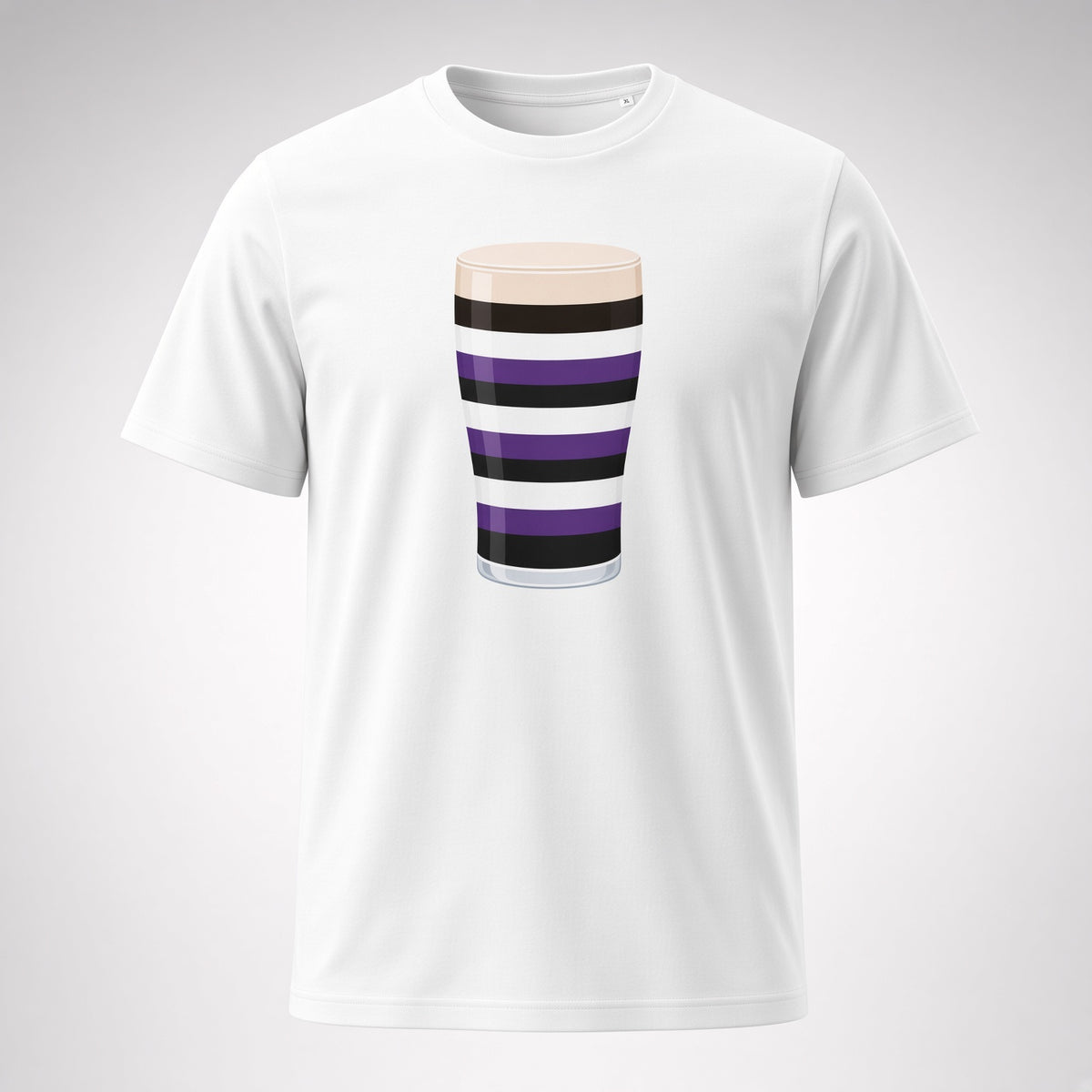 White Terenure Mega Pint rugby t-shirt showing a purple, black and white striped pint glass graphic for Terenure College RFC supporters in Leinster