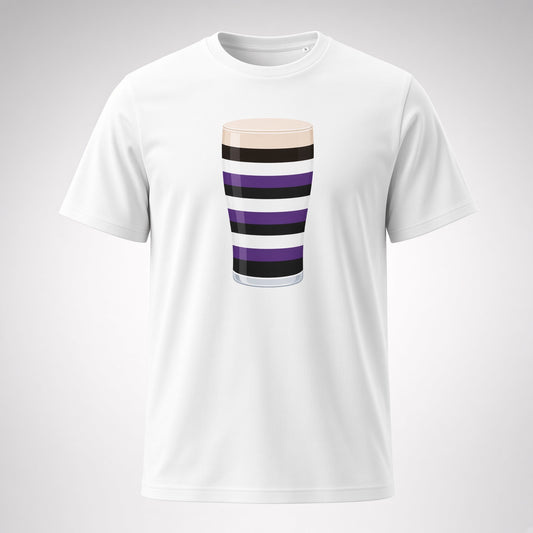 White Terenure Mega Pint rugby t-shirt showing a purple, black and white striped pint glass graphic for Terenure College RFC supporters in Leinster