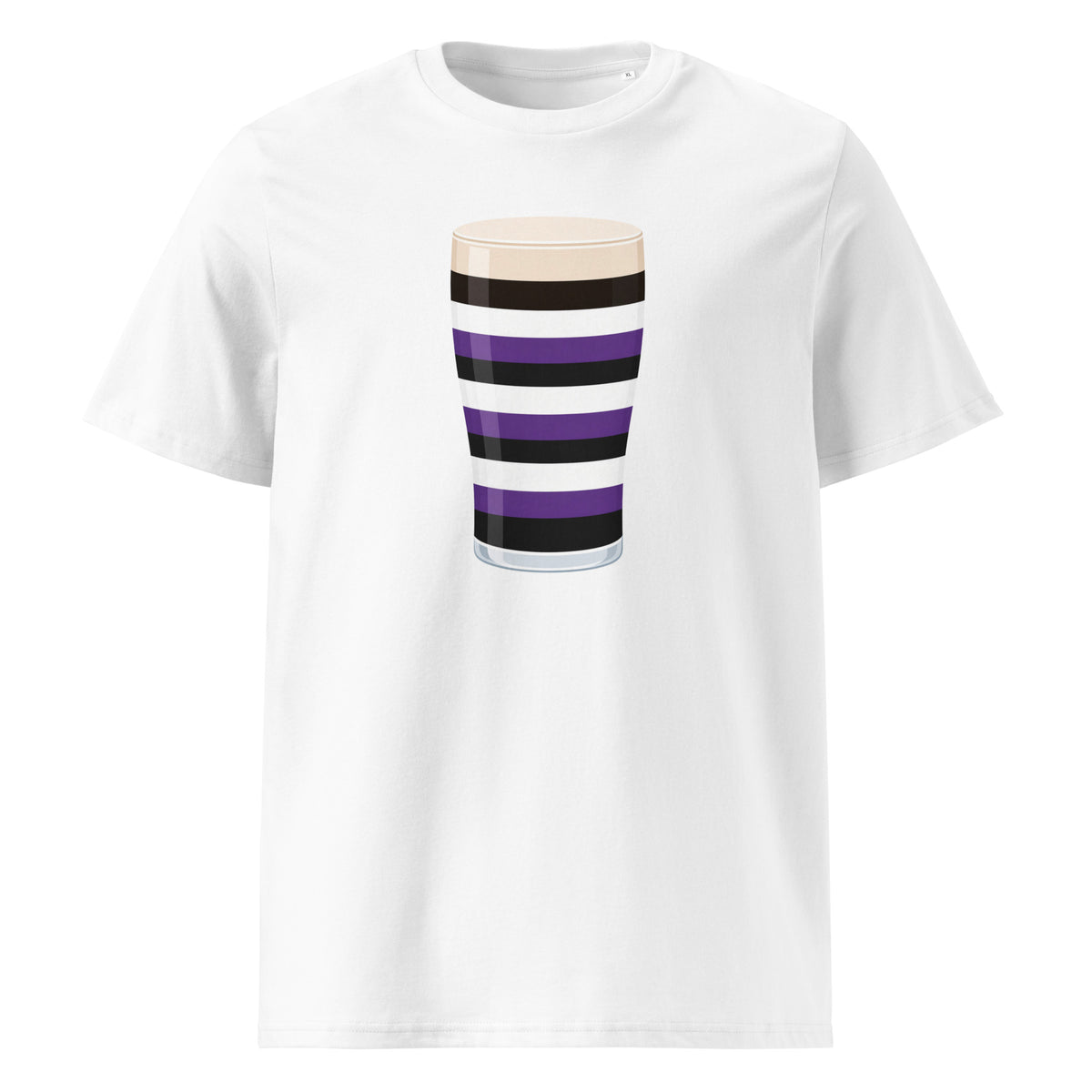 Front view of a white unisex organic cotton rugby t-shirt featuring the Terenure Mega Pint striped pint glass graphic in purple, black and white (Leinster)