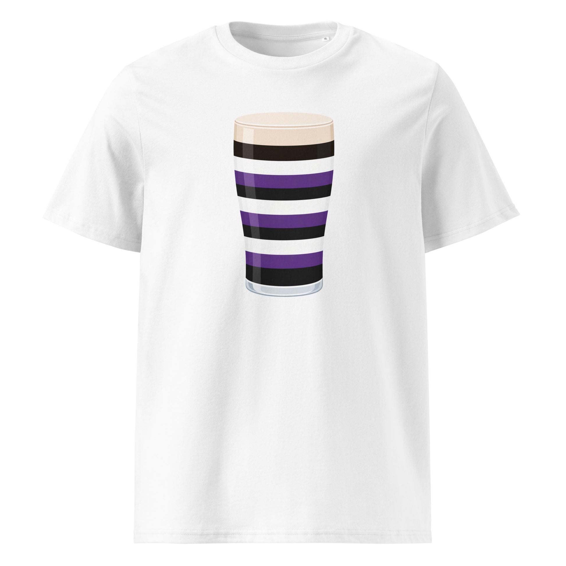 Front view of a white unisex organic cotton rugby t-shirt featuring the Terenure Mega Pint striped pint glass graphic in purple, black and white (Leinster)