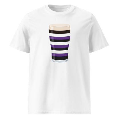 Front view of a white unisex organic cotton rugby t-shirt featuring the Terenure Mega Pint striped pint glass graphic in purple, black and white (Leinster)