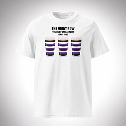 White Terenure rugby t-shirt reading “The Front Row - F*cking Up Back Moves Since 1940” with three striped pint graphics in Terenure colours (purple, black and white) for Leinster supporters