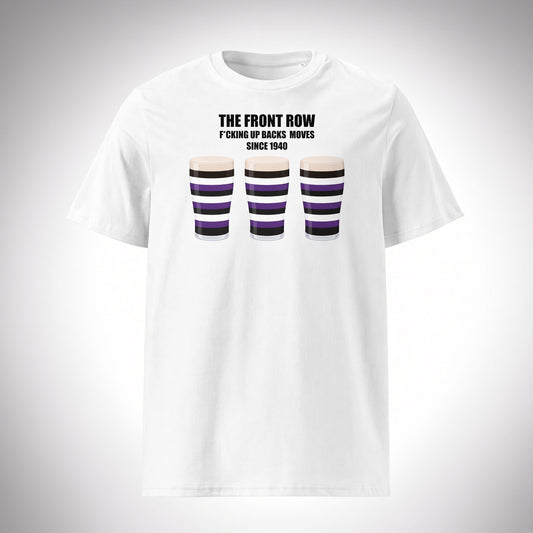 White Terenure rugby t-shirt reading “The Front Row - F*cking Up Back Moves Since 1940” with three striped pint graphics in Terenure colours (purple, black and white) for Leinster supporters