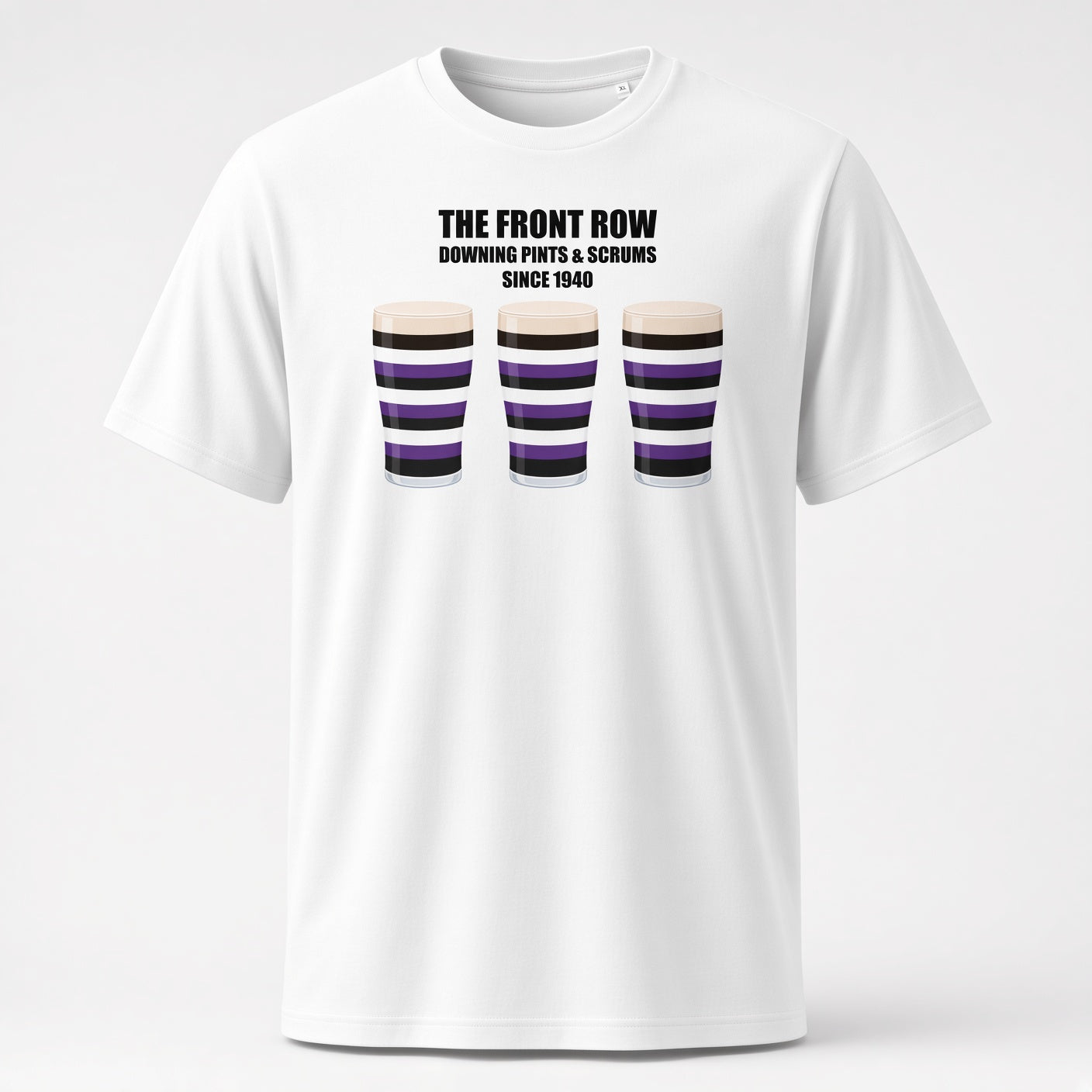 White Terenure rugby t-shirt reading “The Front Row - Downing Pints & Scrums Since 1940” with three striped pint graphics in Terenure colours (purple, black and white) for Leinster match day supporters