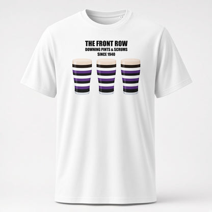 White Terenure rugby t-shirt reading “The Front Row - Downing Pints & Scrums Since 1940” with three striped pint graphics in Terenure colours (purple, black and white) for Leinster match day supporters