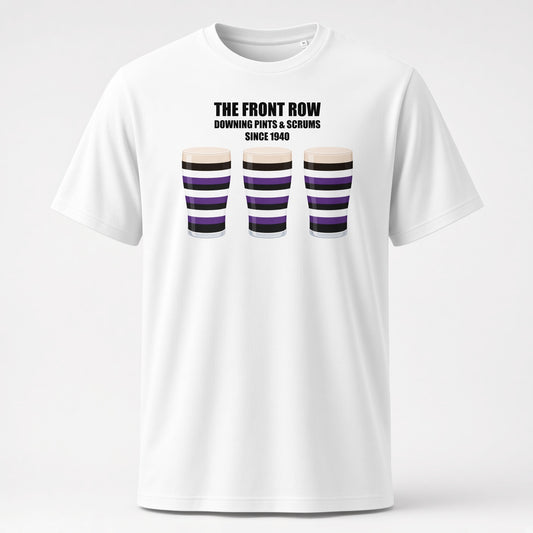 White Terenure rugby t-shirt reading “The Front Row - Downing Pints & Scrums Since 1940” with three striped pint graphics in Terenure colours (purple, black and white) for Leinster match day supporters
