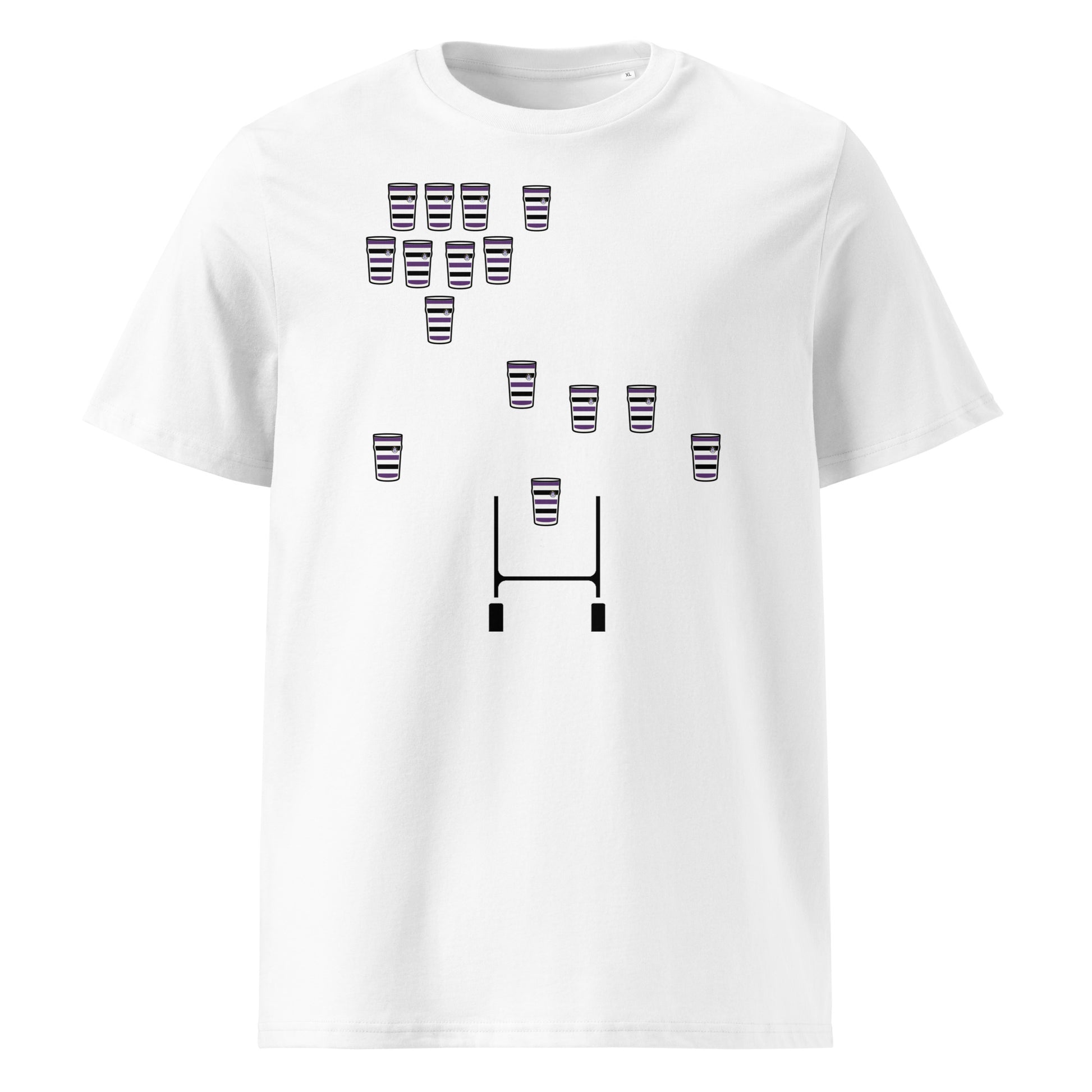 White Terenure rugby t-shirt featuring pint glasses in purple and white team colours arranged in a rugby formation above rugby posts.