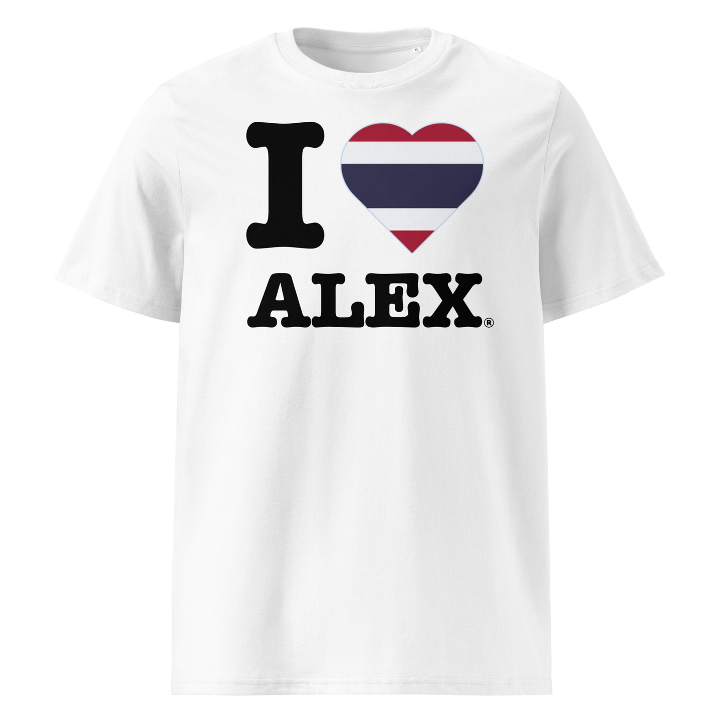 Red, white, and blue heart with bold ALEX print – a patriotic nod to Thailand’s F1 star.
