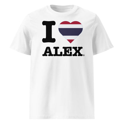 Red, white, and blue heart with bold ALEX print – a patriotic nod to Thailand’s F1 star.
