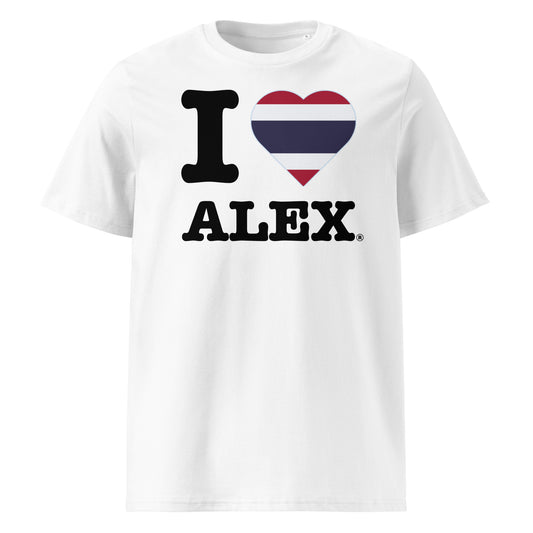 Red, white, and blue heart with bold ALEX print – a patriotic nod to Thailand’s F1 star.
