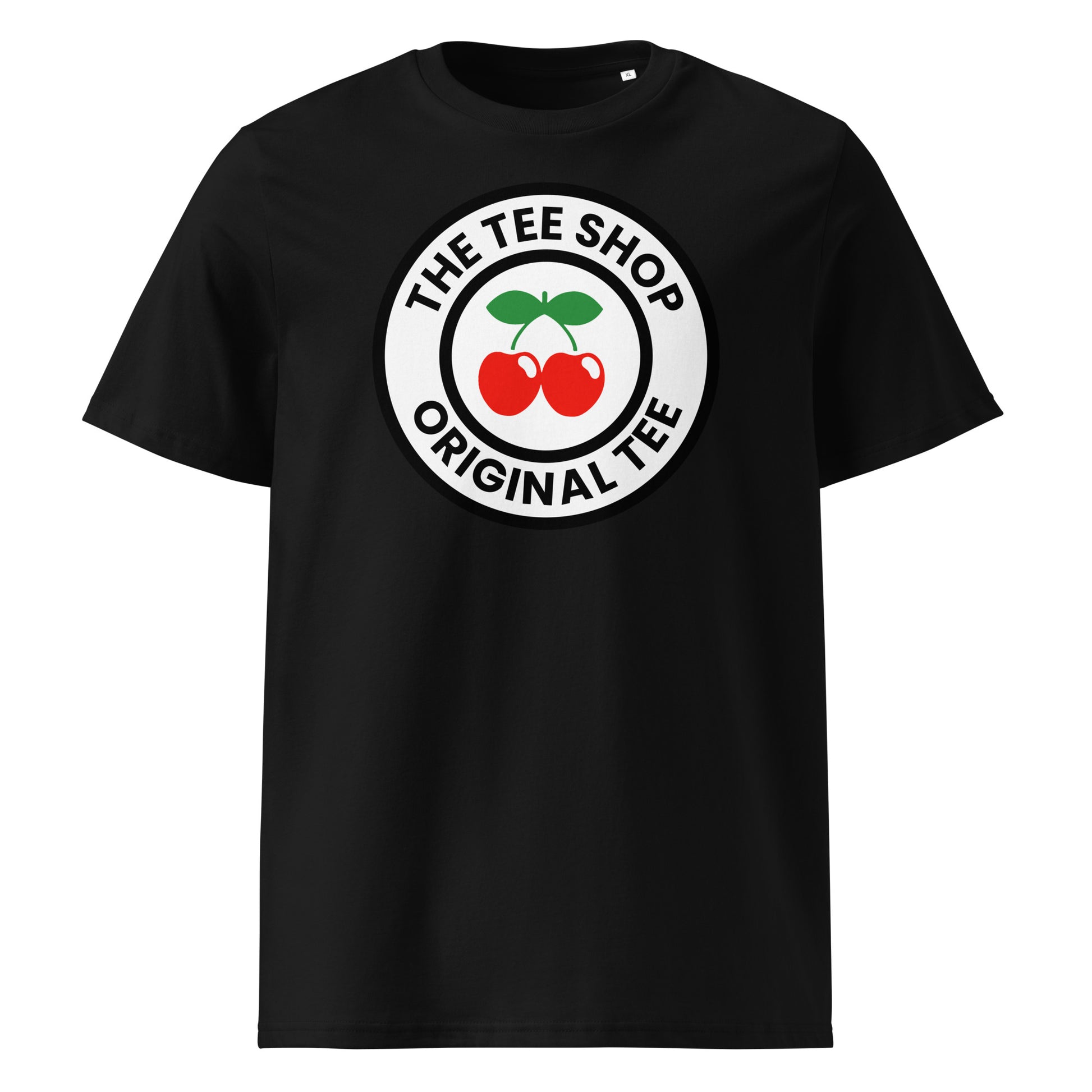 Front view of black unisex t-shirt with large circular The Tee Shop logo featuring two red cherries and “THE TEE SHOP ORIGINAL TEE” text. DTF print, clean and bold design.