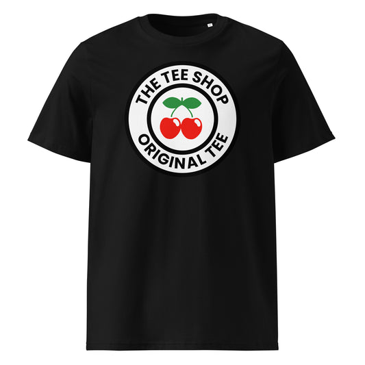 Front view of black unisex t-shirt with large circular The Tee Shop logo featuring two red cherries and “THE TEE SHOP ORIGINAL TEE” text. DTF print, clean and bold design.