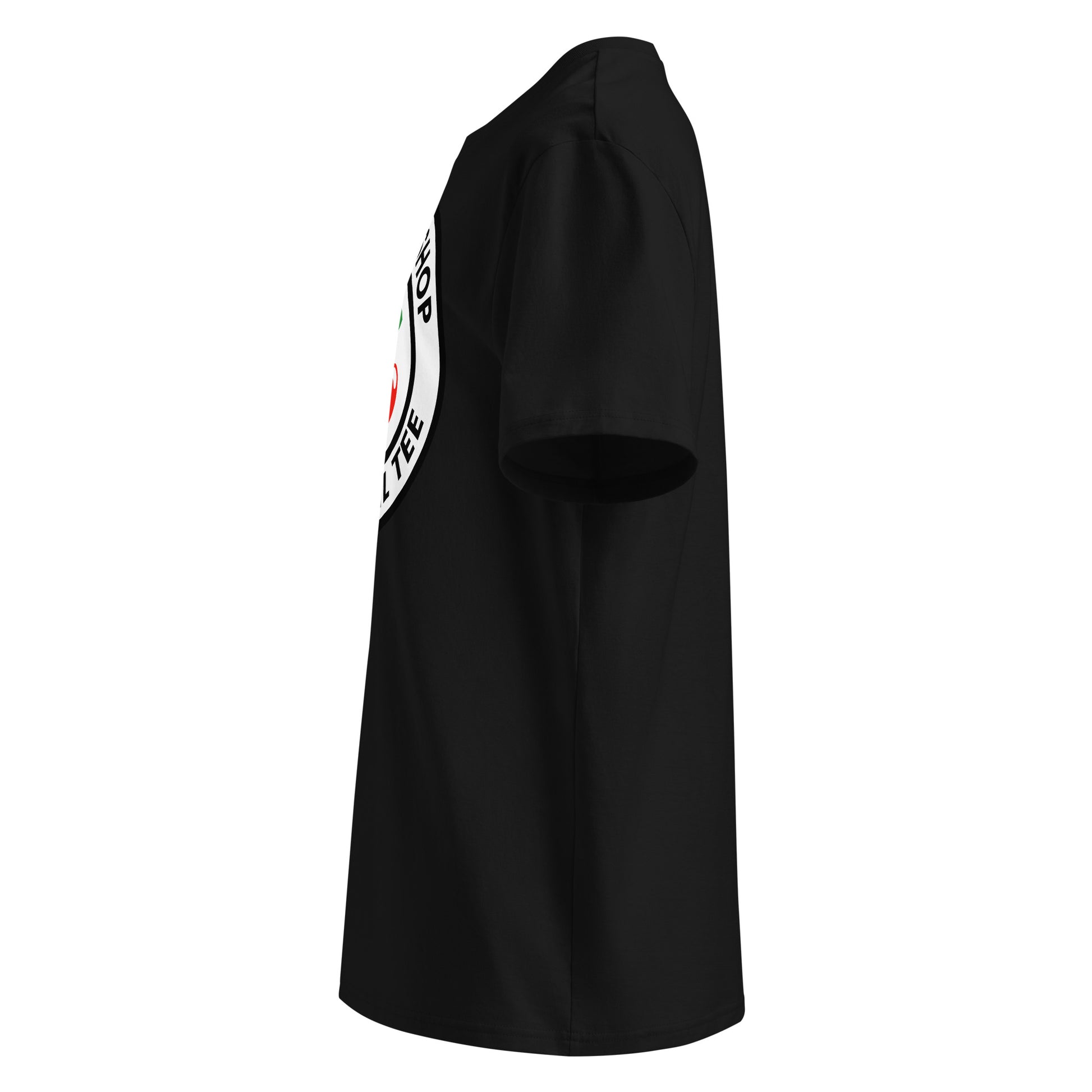 Left side view of black unisex t-shirt, plain sleeve, visible side of the large front cherry logo. Clean, iconic style.