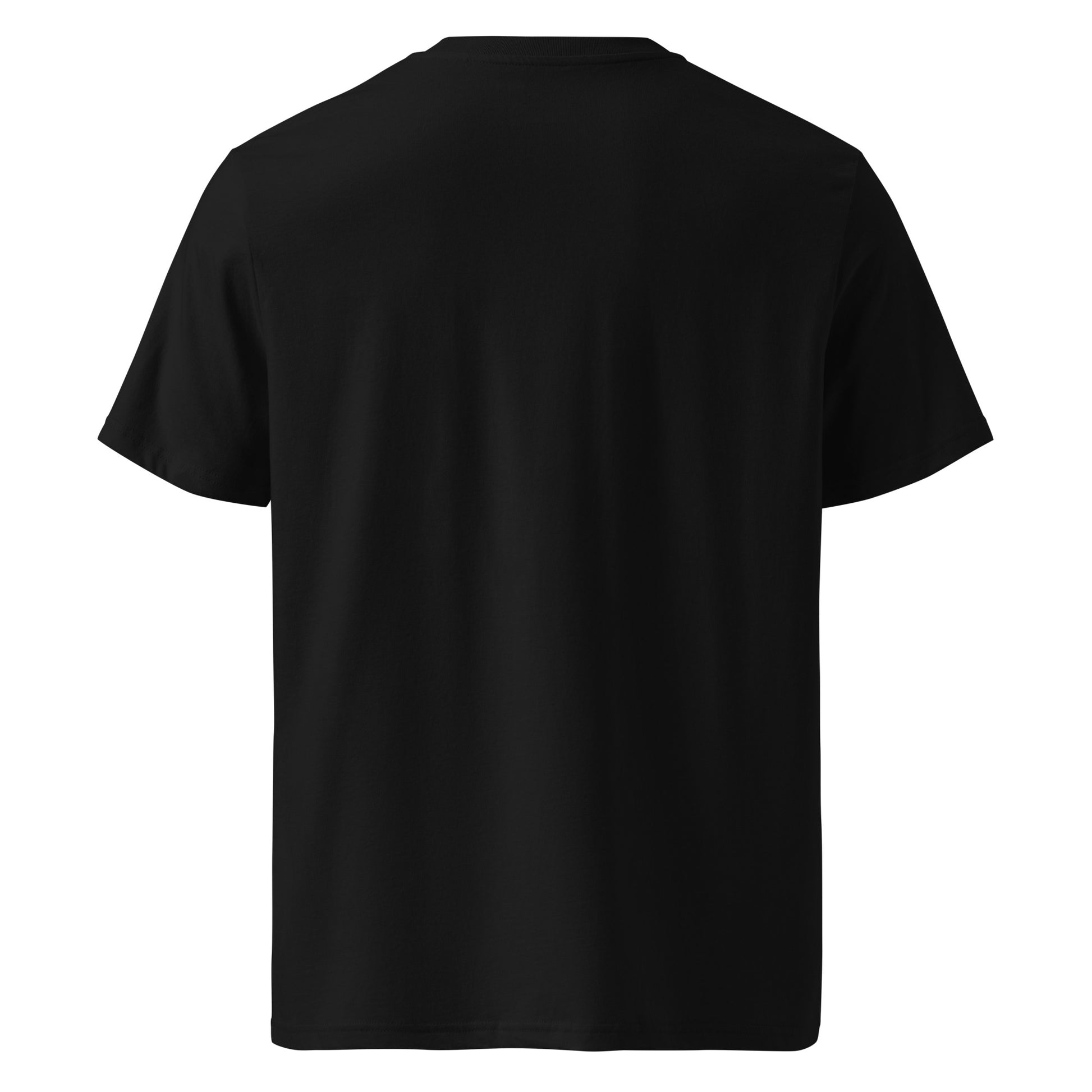 Back view of black unisex t-shirt with plain design. No rear print, highlighting the bold front cherry logo. DTF print, perfect for fans of The Tee Shop.