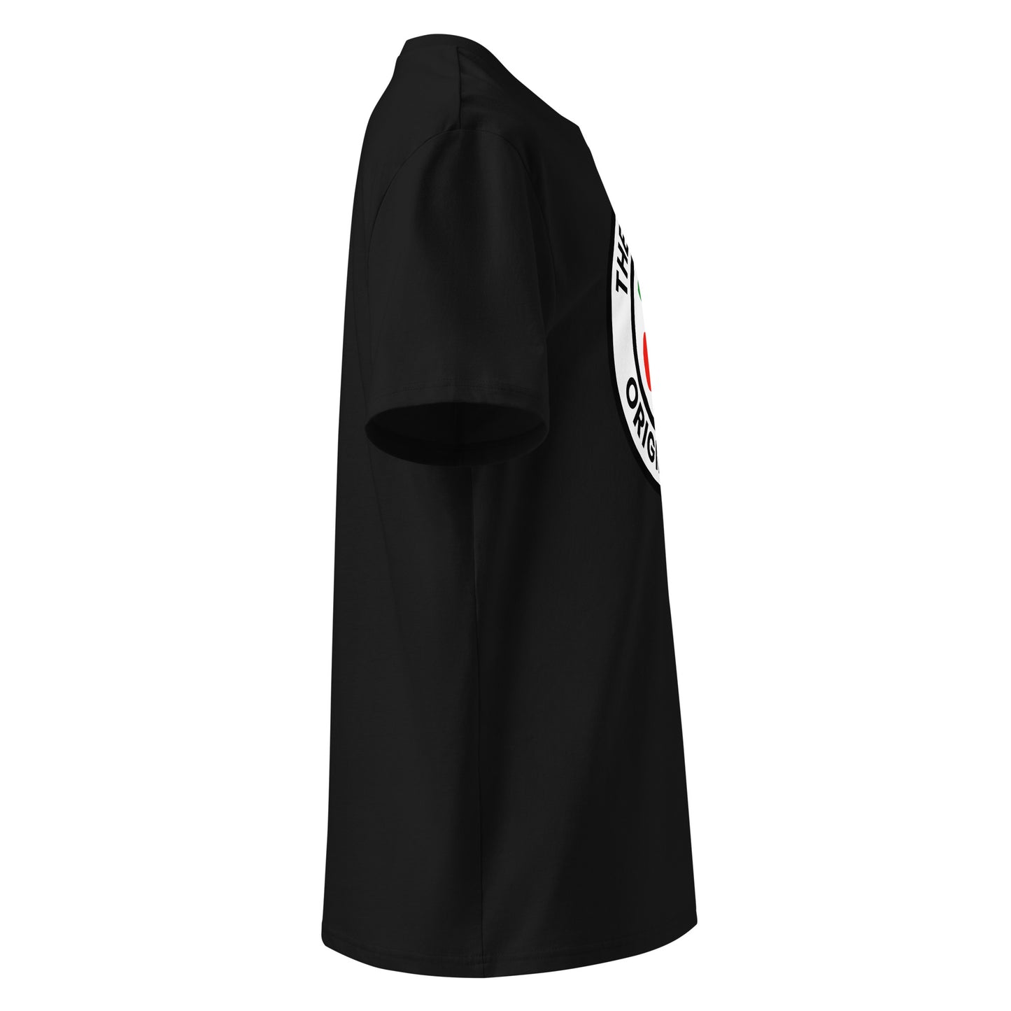 Right side view of black t-shirt showing the large front cherry logo and plain right sleeve. DTF print, minimalist and bold.