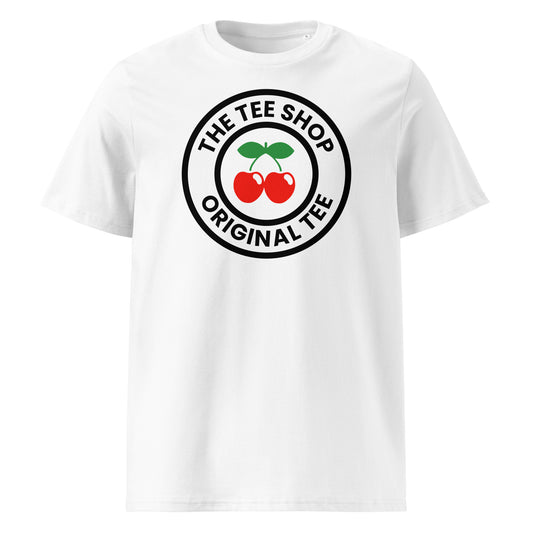 Front view of white unisex t-shirt with large circular The Tee Shop logo featuring two red cherries and “THE TEE SHOP ORIGINAL TEE” text. DTF print, clean and bold design.