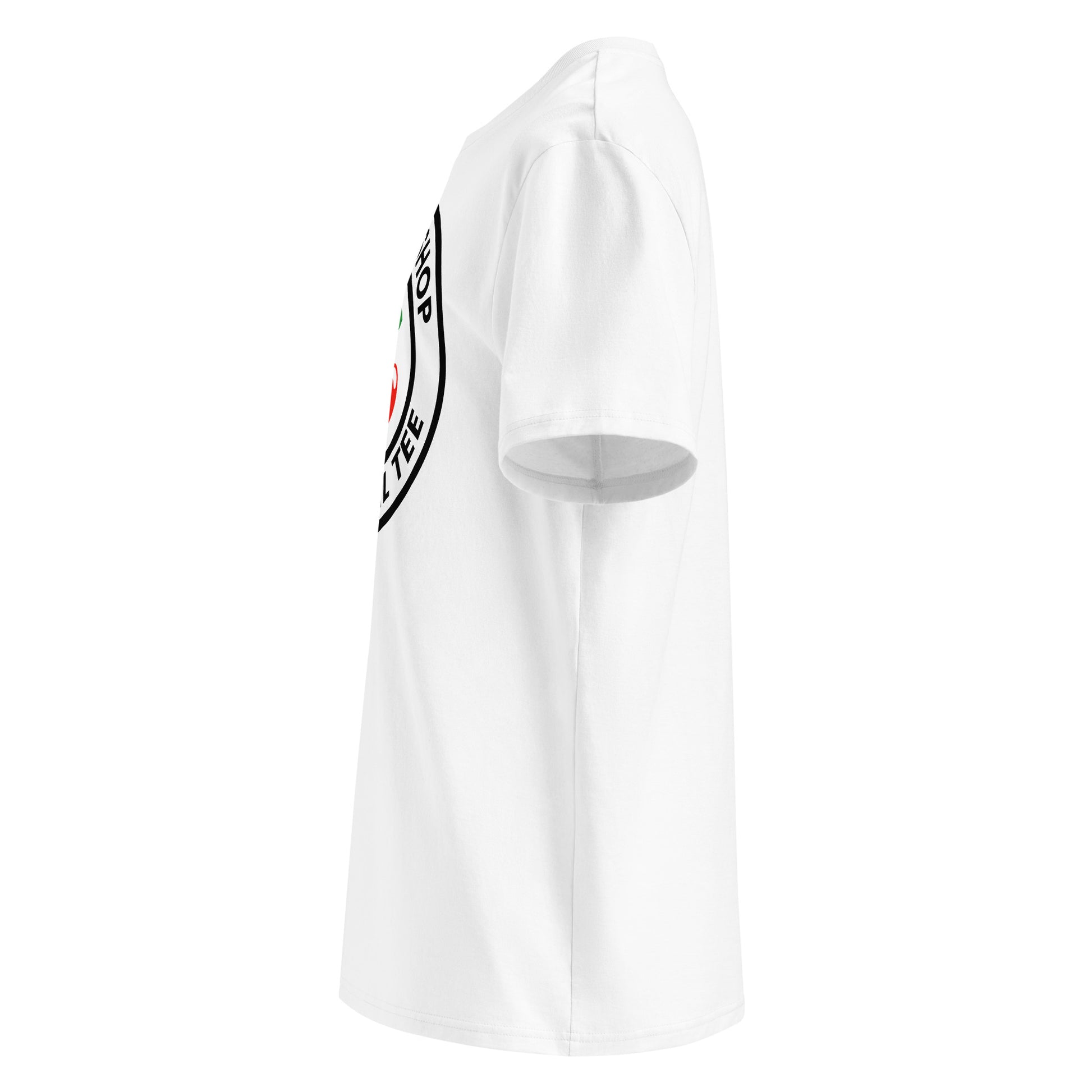 Left side view of white unisex t-shirt, plain sleeve, visible side of the large front cherry logo. Clean, iconic style.