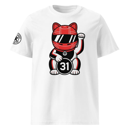 White t-shirt with a large front print lucky cat racer featuring a bold red helmet and a #31 lucky coin made for #31 fans and French flair energy.
