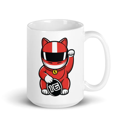Glossy ceramic mug with a red-suited lucky cat racer holding a #16 coin ideal for tifosi-style weekends and anyone backing the grid’s smoothest operator energy.