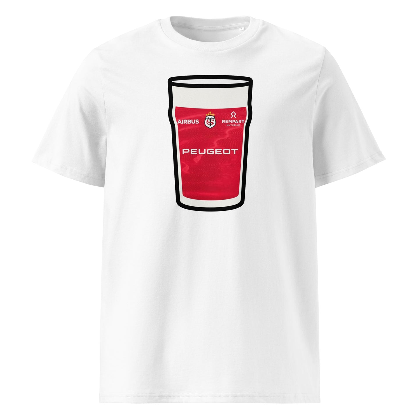 White Toulouse European Mega Pint Rugby T-Shirt with bold red pint glass graphic, Toulouse crest, Airbus and Rempart sponsors, and Peugeot branding.
