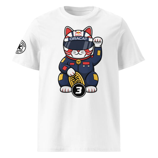 White t-shirt with a large front print lucky cat racer in a dark suit holding a #3 lucky coin perfect for #3 fans and triple-threat energy.
