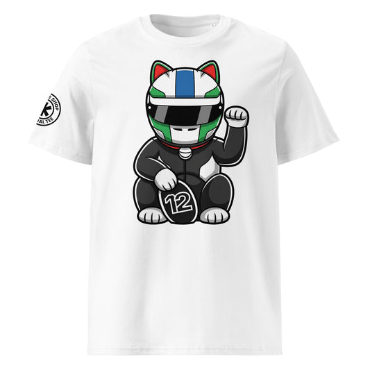 White t-shirt with a large front print lucky cat racer in a black suit holding a #12 lucky coin, with Italian-colour helmet vibes perfect for #12 fans.