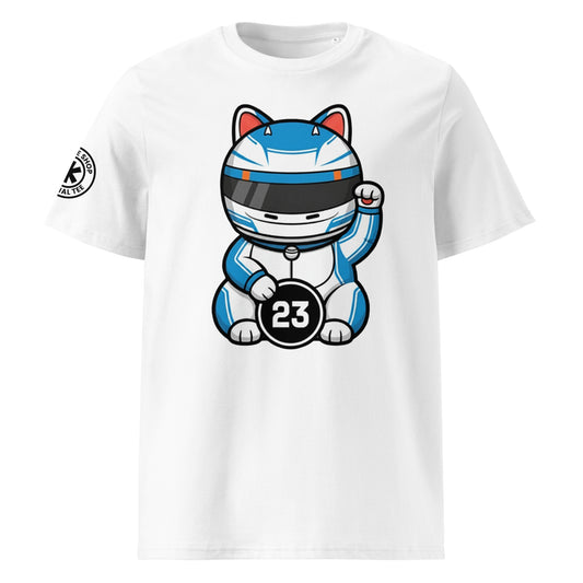White t-shirt with a large front print lucky cat racer in blue/white holding a #23 lucky coin perfect for #23 fans and cat-approved energy.