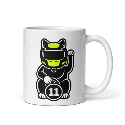 Motorsport-inspired lucky cat mug with neon visor vibes and #11 coin detail perfect for race mornings and desk flex energy.