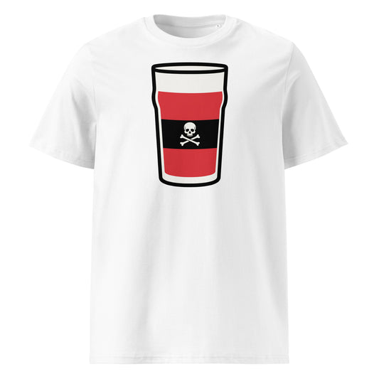 White UCC Mega Pint Rugby T-Shirt featuring a pint glass graphic in red, black and cream with skull and crossbones emblem.