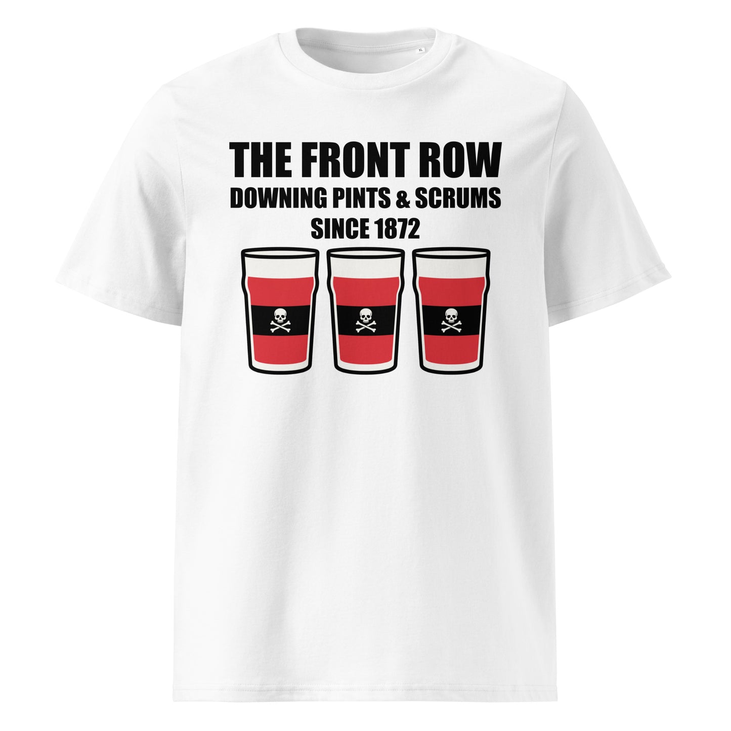 White UCC RFC rugby t-shirt with black slogan text reading The Front Row Downing Pints & Scrums Since 1872 and three pint glasses in club colours.