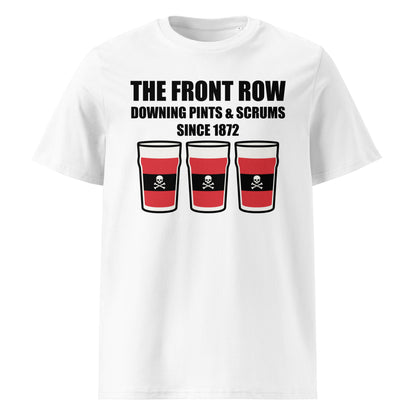 White UCC RFC rugby t-shirt with black slogan text reading The Front Row Downing Pints & Scrums Since 1872 and three pint glasses in club colours.