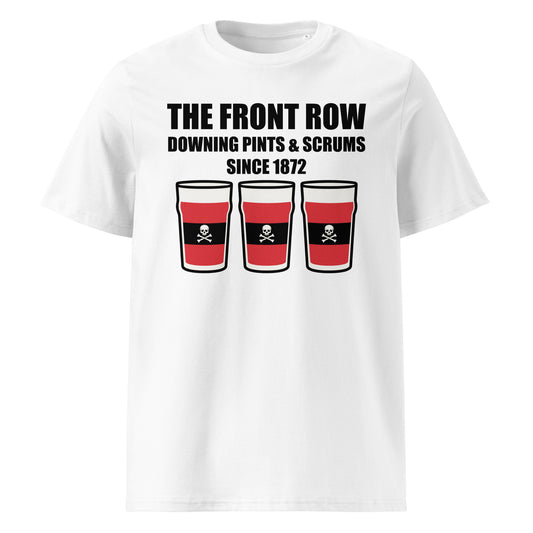 White UCC RFC rugby t-shirt with black slogan text reading The Front Row Downing Pints & Scrums Since 1872 and three pint glasses in club colours.