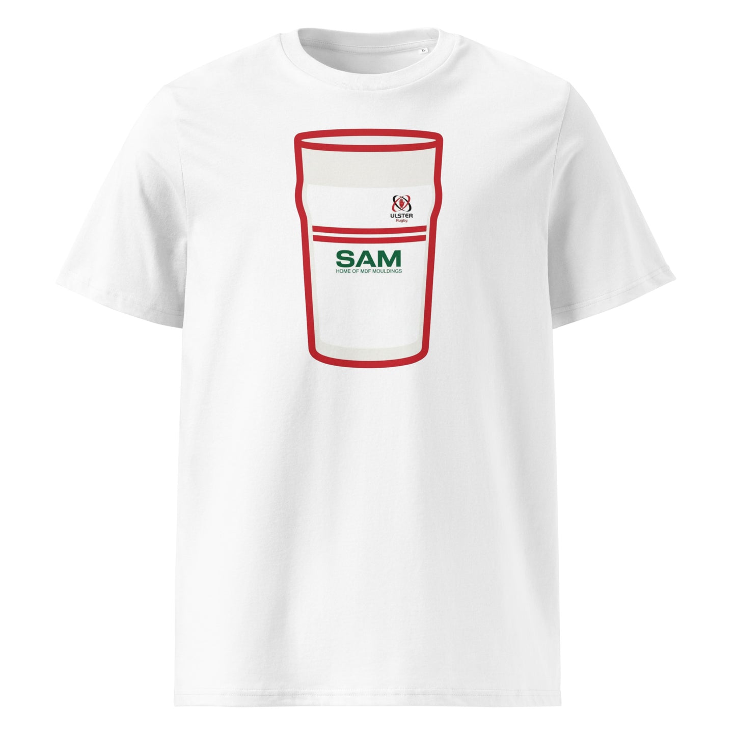 White Ulster Mega Pint Rugby T-Shirt with white and red pint glass graphic, Ulster Rugby crest and SAM sponsor detail.