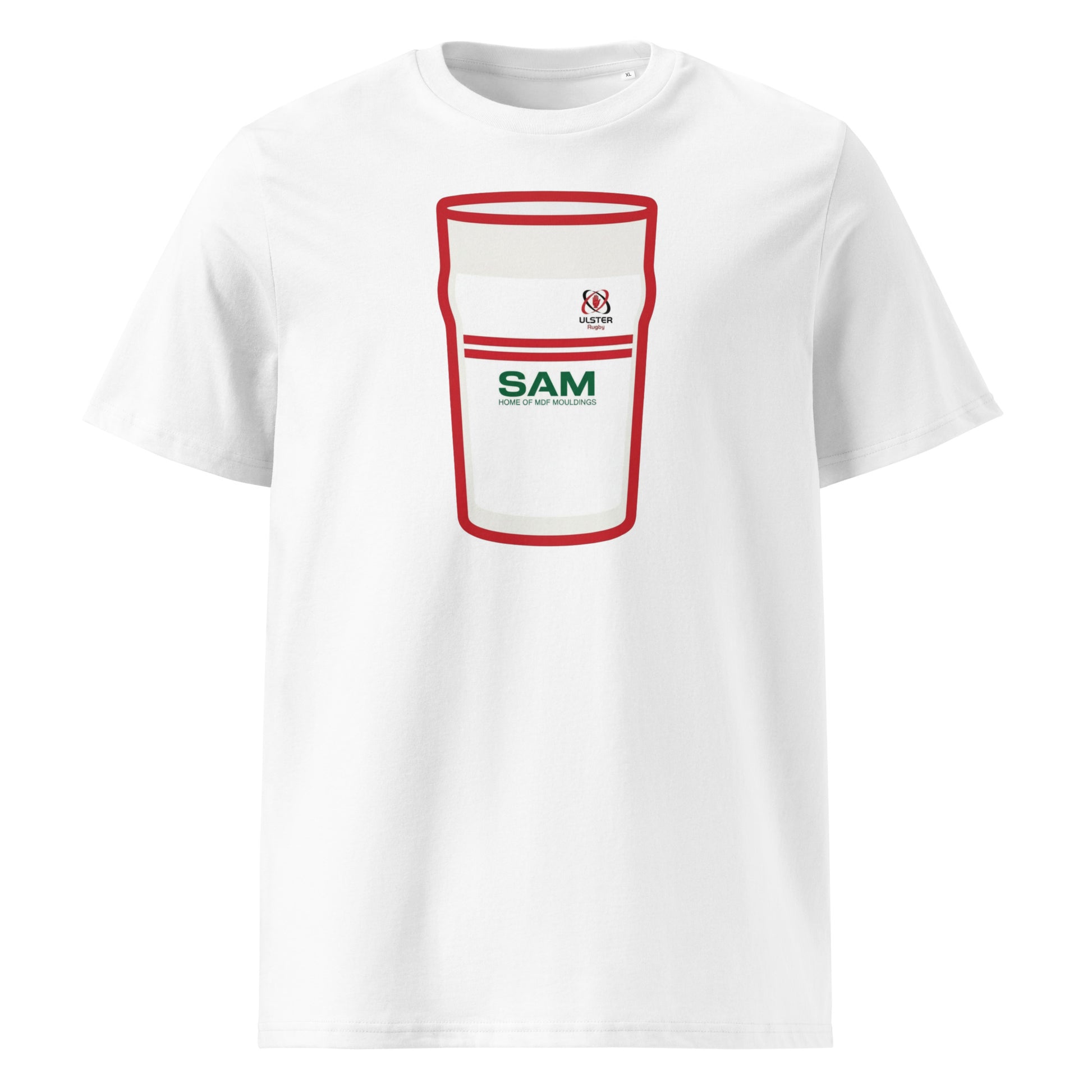 White Ulster Mega Pint Rugby T-Shirt with white and red pint glass graphic, Ulster Rugby crest and SAM sponsor detail.