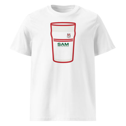 White Ulster Mega Pint Rugby T-Shirt with white and red pint glass graphic, Ulster Rugby crest and SAM sponsor detail.