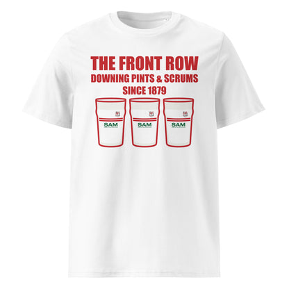 White Ulster rugby t-shirt with red slogan text reading The Front Row Downing Pints & Scrums Since 1879 and three pint glasses styled in Ulster colours.
