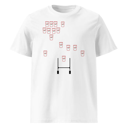 Shop the Ulster Team Pints rugby t-shirt. A fun rugby fan tee featuring pint glasses in Ulster-inspired colours arranged in a rugby formation with posts.