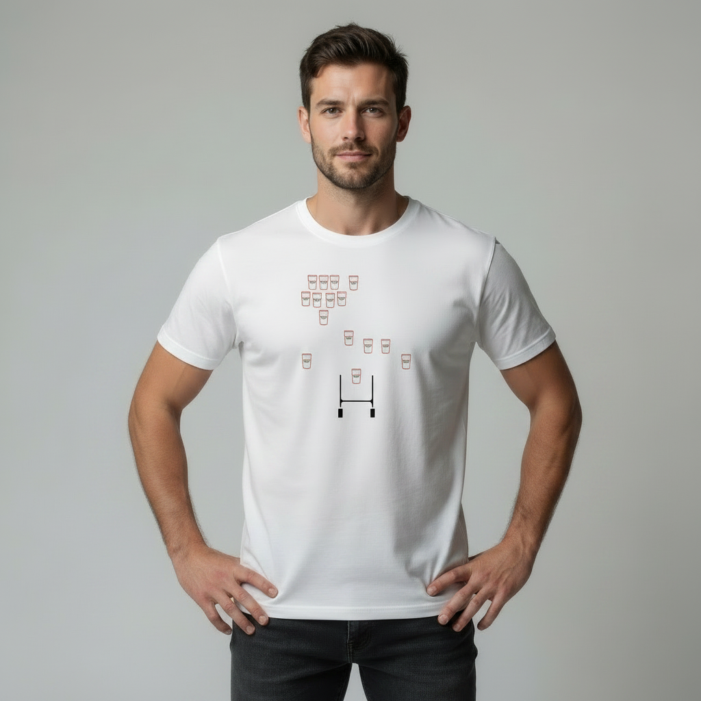 Man wearing a white ulster rugby t-shirt with a graphic design on a grey background