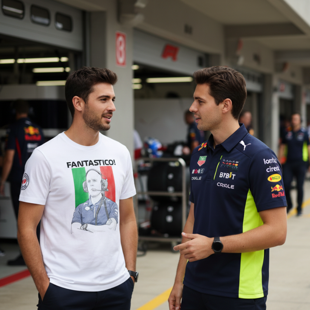 Two male motorsport fans in the paddock, one wearing a white FANTASTICO! GP race engineer T‑shirt and the other in a dark blue and neon yellow polo inspired by Red Bull colours, chatting near the garages.