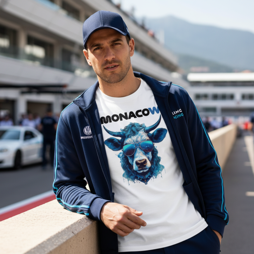 Male F1 fan in the Monaco Grand Prix paddock wearing a white Monacow T‑shirt with blue cow and sunglasses graphic under an open dark blue Williams‑inspired jacket and navy cap, leaning on the pit wall with garages and pit lane blurred behind.