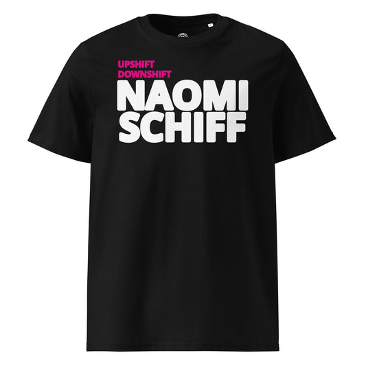 Upshift Downshift black T-shirt front view – Naomi Schiff inspired motorsport tee by TheTeeShop