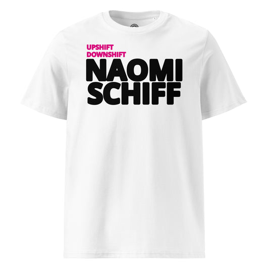Upshift Downshift white T-shirt front view – Naomi Schiff inspired motorsport tee by TheTeeShop