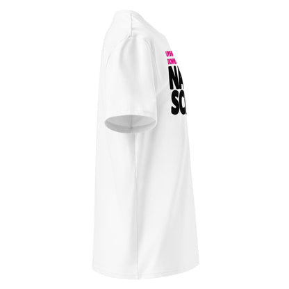 Upshift Downshift white T-shirt right side – Naomi Schiff inspired car enthusiast tee