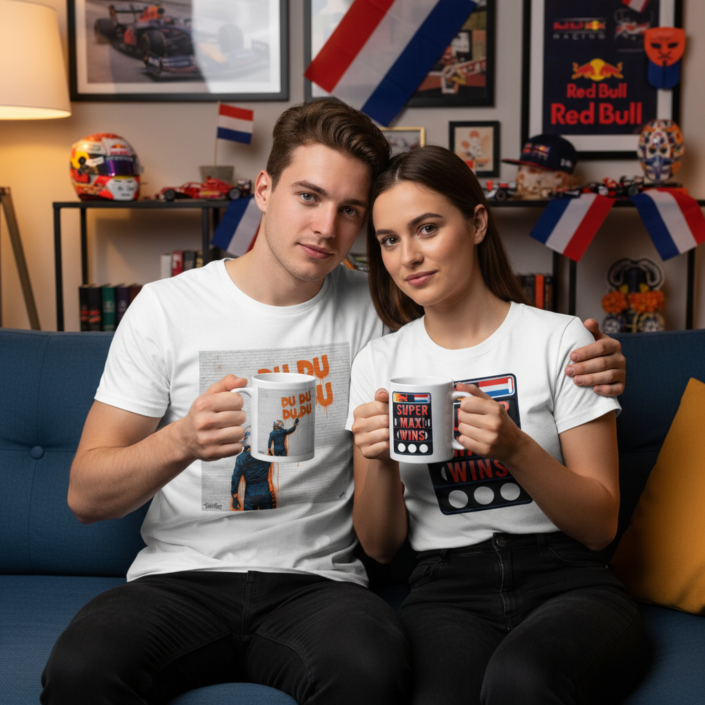Couple wearing Max Series DU DU DU DU and SUPER MAX WINS t-shirts, both holding the DU DU DU DU Graffiti Mug in a cosy, F1-inspired living room.