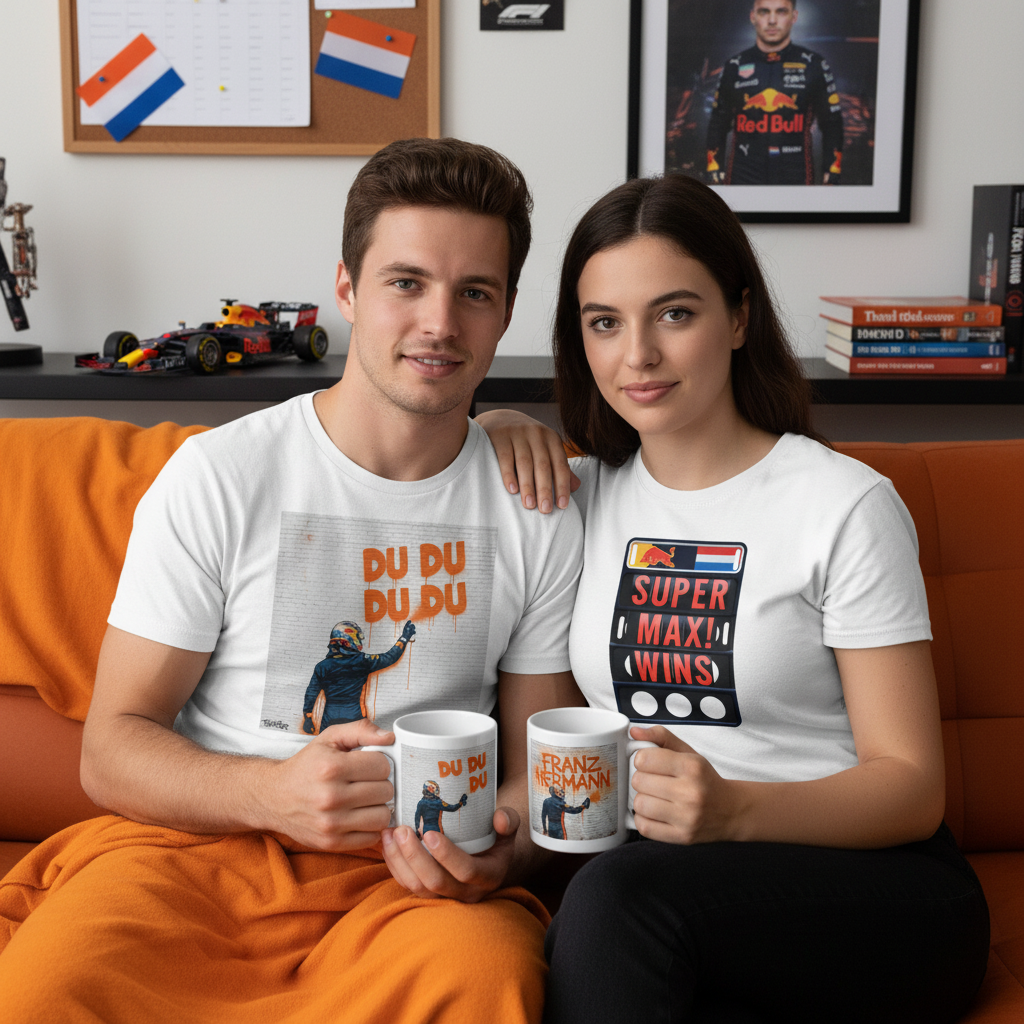 Couple wearing Max Series DU DU DU DU and SUPER MAX WINS t-shirts, both holding the Franz Hermann Graffiti Mug in a cosy, F1-inspired living room.