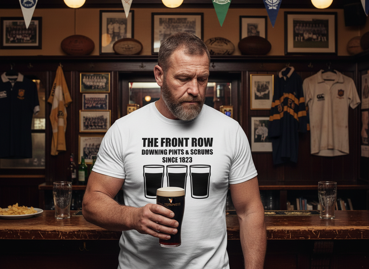 Veteran rugby prop in his 40s wearing a white front row rugby t-shirt with "The Front Row Downing Pints & Scrums Since 1823" slogan and three pint graphics, standing at a traditional UK rugby club bar with memorabilia and trophies displayed behind him.
