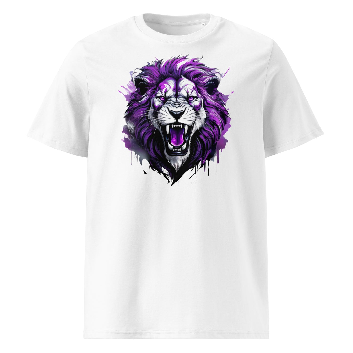 Front of the t-shirt featuring a roaring lion in purple with dynamic paint splashes – a bold and energetic design for Terenure and Lions Tour rugby fans.