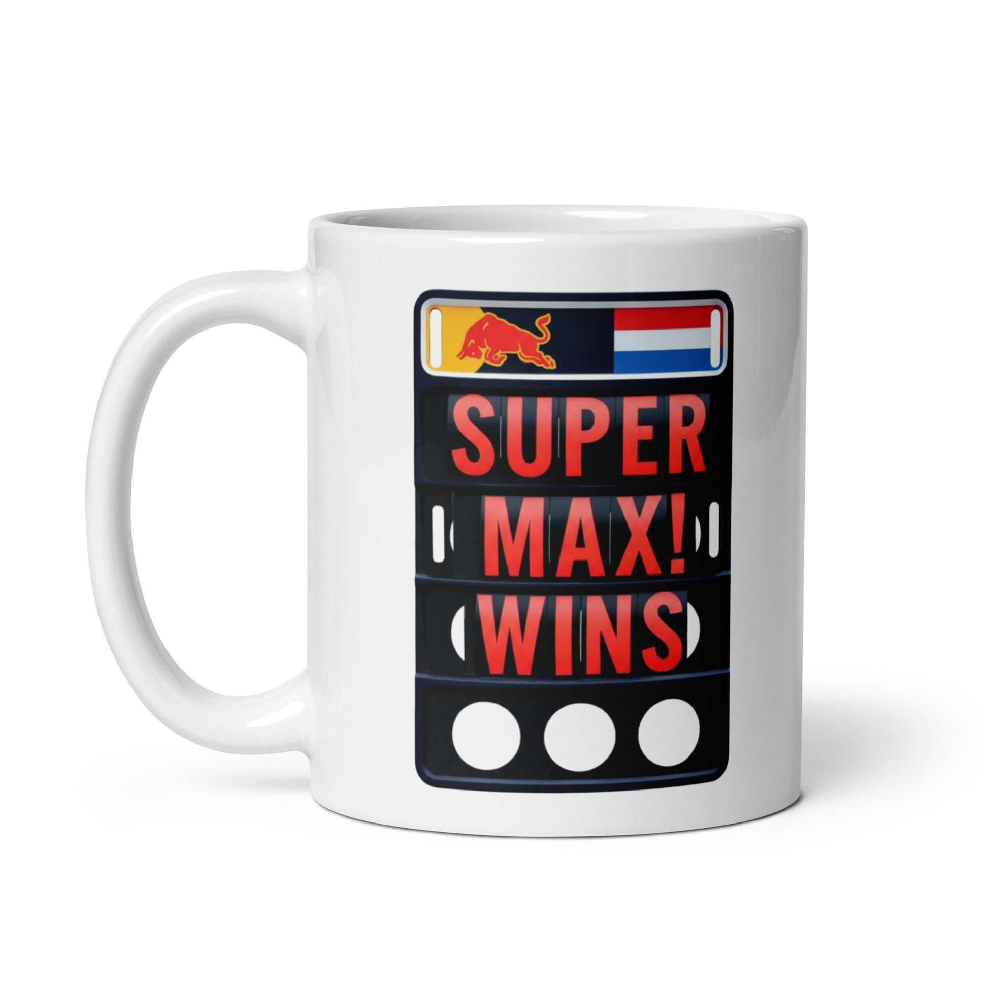 11oz white ceramic mug with handle on the left. Features SUPER MAX! WINS on a pit board.