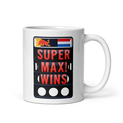 11oz white ceramic mug with handle on the right. Features SUPER MAX! WINS on a pit board.