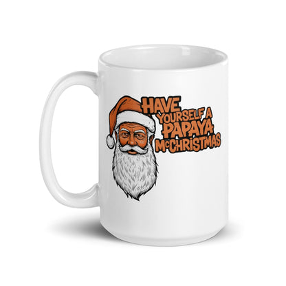 View of 15oz white mug with a papaya Christmas message and handle on left